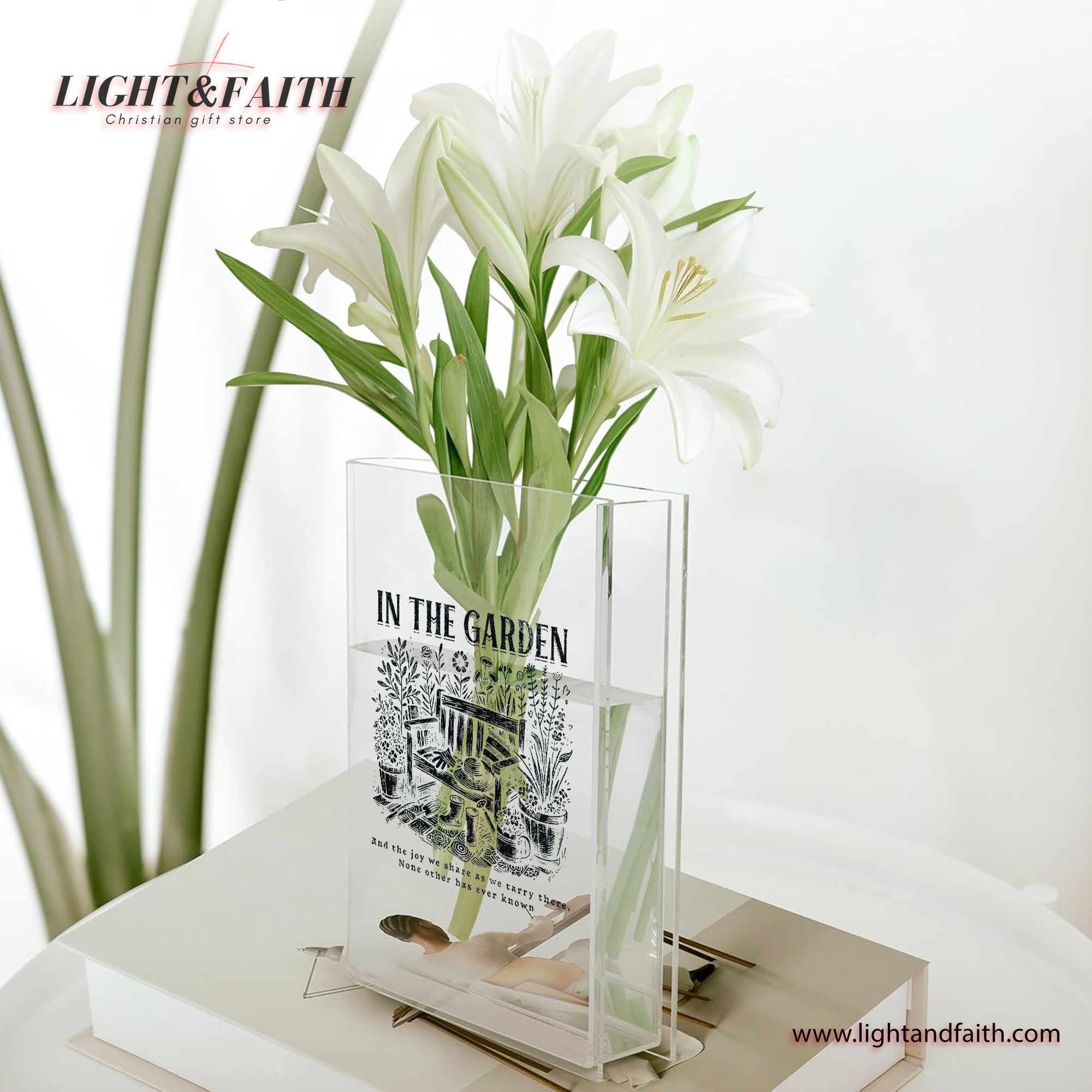 In The Garden Book Vase, Christian Book Vase, Faith Book Vase, Bible Verse Book Shaped Flower Vase